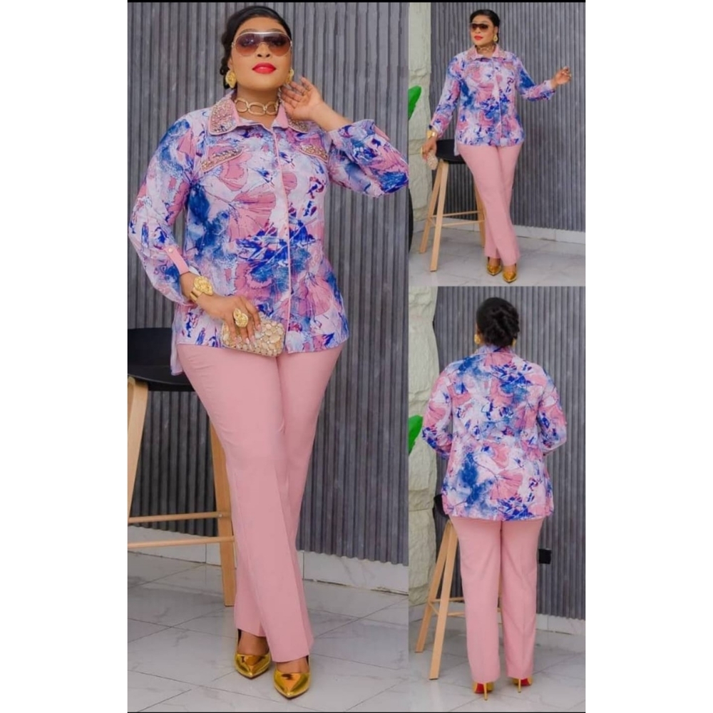 2-Piece Button-Up Blouse w/ Matching Pant